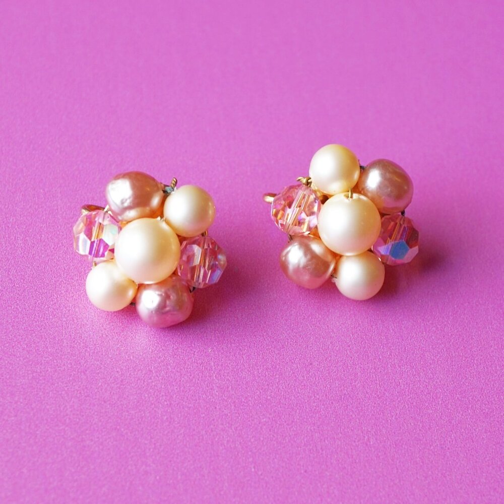 Mid-Century Pink AB Crystal & Faux Pearl Floral Cluster Earrings, circa 1950s